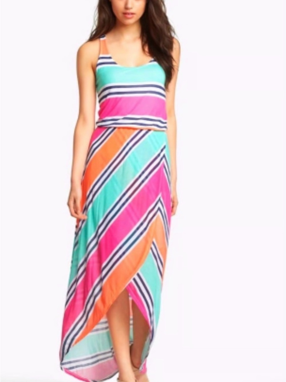 Splendid Striped High-Low Maxi Dress in Aqua, Pink & Orange